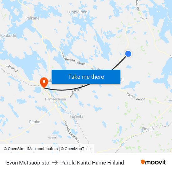 Evon Metsäopisto to Parola Kanta Häme Finland map