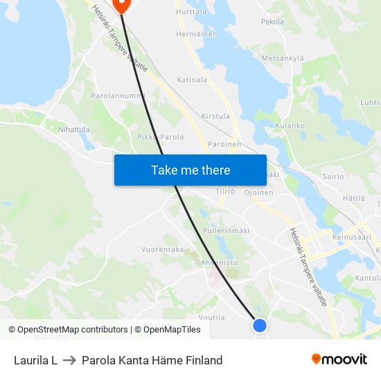 Laurila L to Parola Kanta Häme Finland map