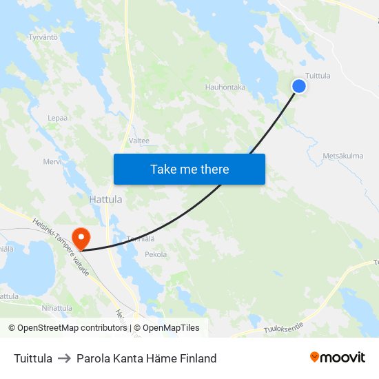 Tuittula to Parola Kanta Häme Finland map