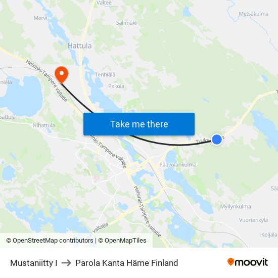 Mustaniitty I to Parola Kanta Häme Finland map