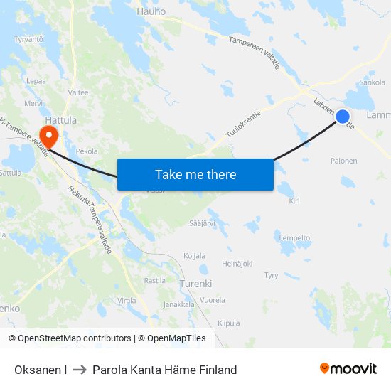 Oksanen I to Parola Kanta Häme Finland map