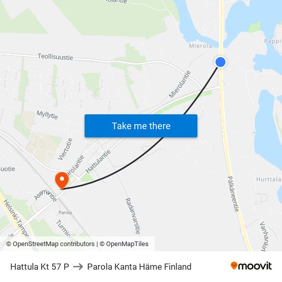 Hattula Kt 57 P to Parola Kanta Häme Finland map