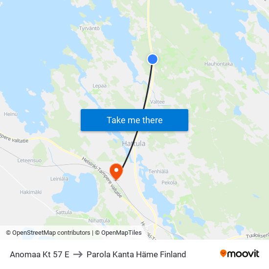 Anomaa Kt 57 E to Parola Kanta Häme Finland map