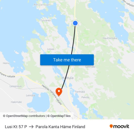 Lusi Kt 57 P to Parola Kanta Häme Finland map