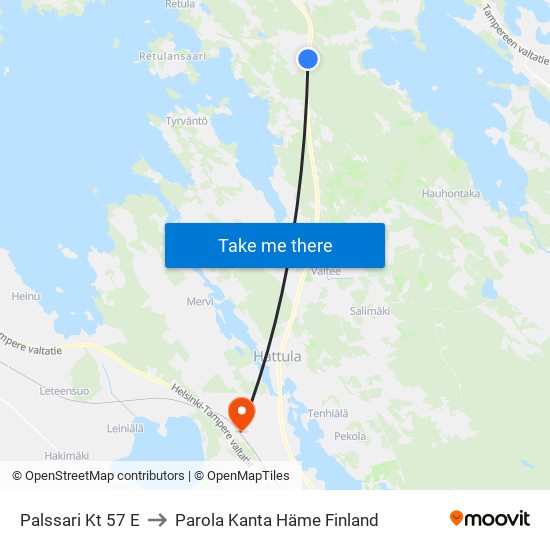 Palssari Kt 57 E to Parola Kanta Häme Finland map