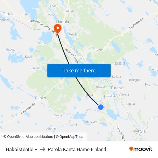 Hakoistentie P to Parola Kanta Häme Finland map