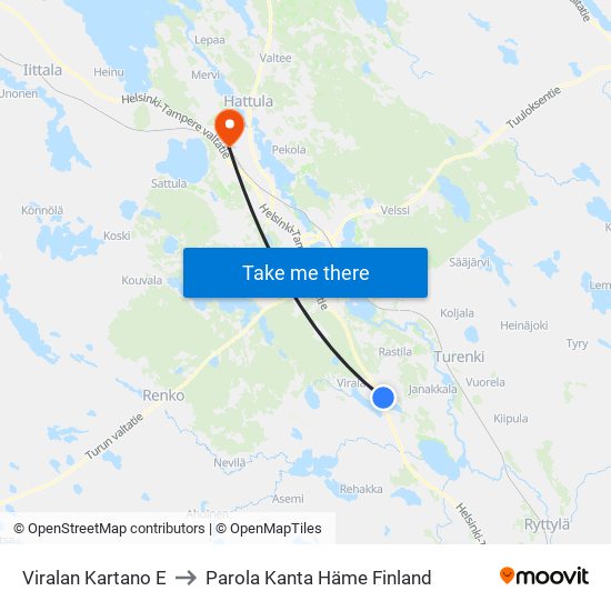 Viralan Kartano E to Parola Kanta Häme Finland map