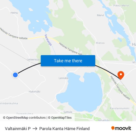 Valtainmäki P to Parola Kanta Häme Finland map