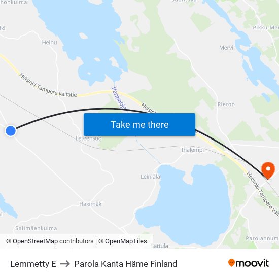 Lemmetty E to Parola Kanta Häme Finland map