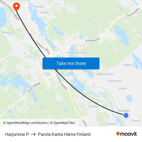 Harjurinne P to Parola Kanta Häme Finland map