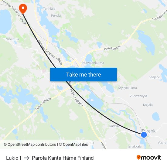 Lukio I to Parola Kanta Häme Finland map