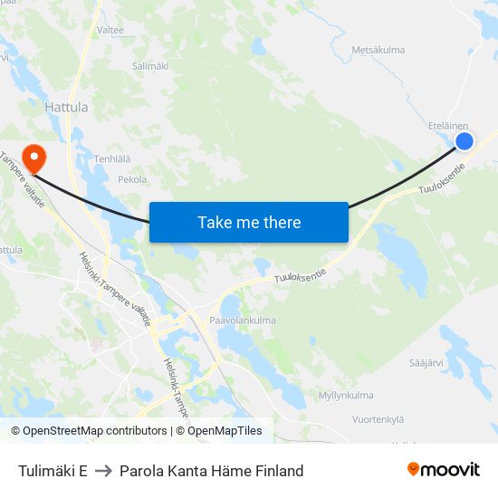 Tulimäki E to Parola Kanta Häme Finland map