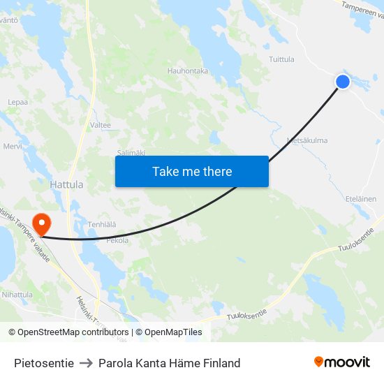 Pietosentie to Parola Kanta Häme Finland map