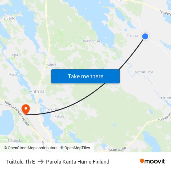 Tuittula Th E to Parola Kanta Häme Finland map