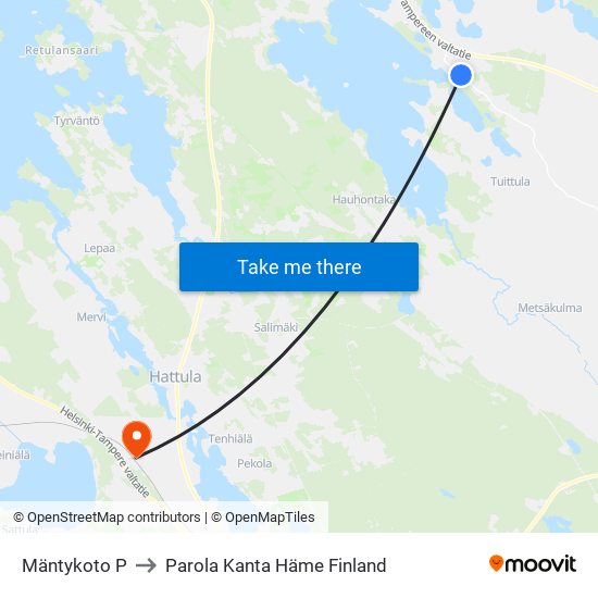 Mäntykoto P to Parola Kanta Häme Finland map