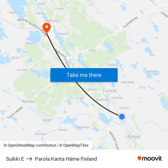 Suikki E to Parola Kanta Häme Finland map