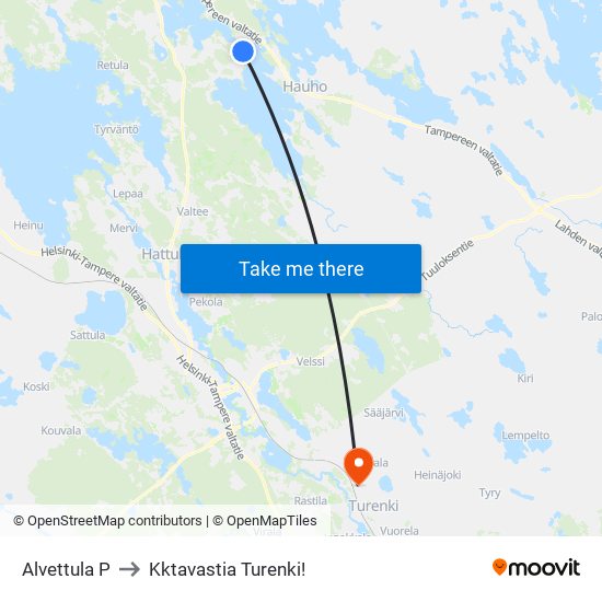 Alvettula P to Kktavastia Turenki! map