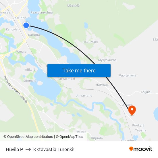Huvila P to Kktavastia Turenki! map
