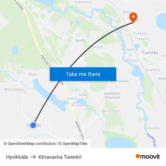 Hyvikkälä to Kktavastia Turenki! map