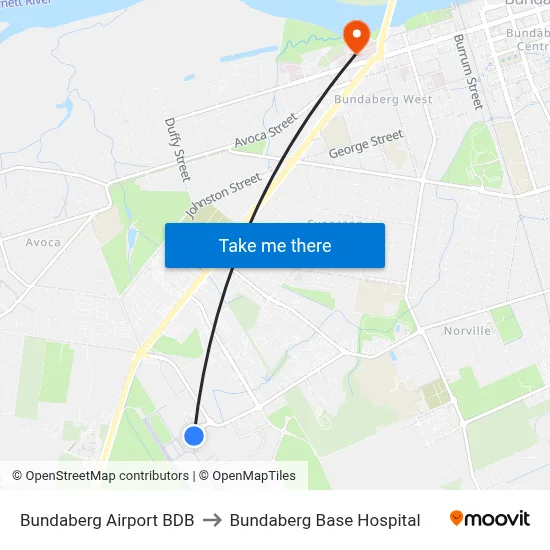 Bundaberg Airport BDB to Bundaberg Base Hospital map
