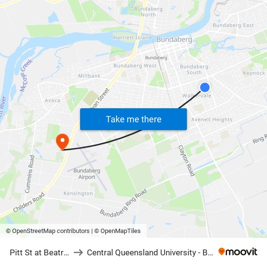 Pitt St at Beatrice Street to Central Queensland University - Bundaberg Campus map