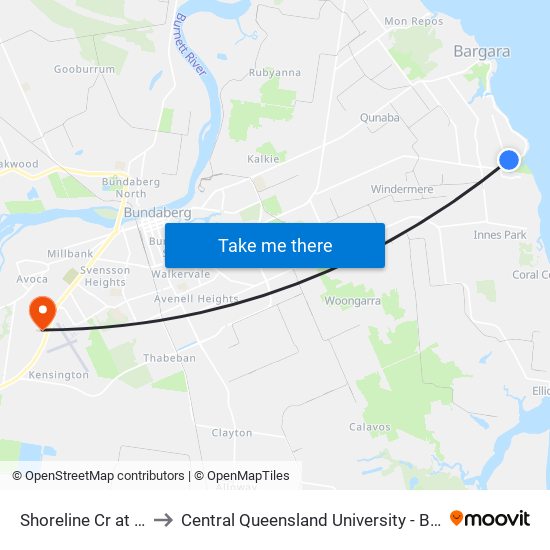 Shoreline Cr at Bay Court to Central Queensland University - Bundaberg Campus map