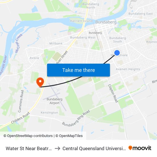 Water St Near Beatrice St Hail 'N' Ride to Central Queensland University - Bundaberg Campus map