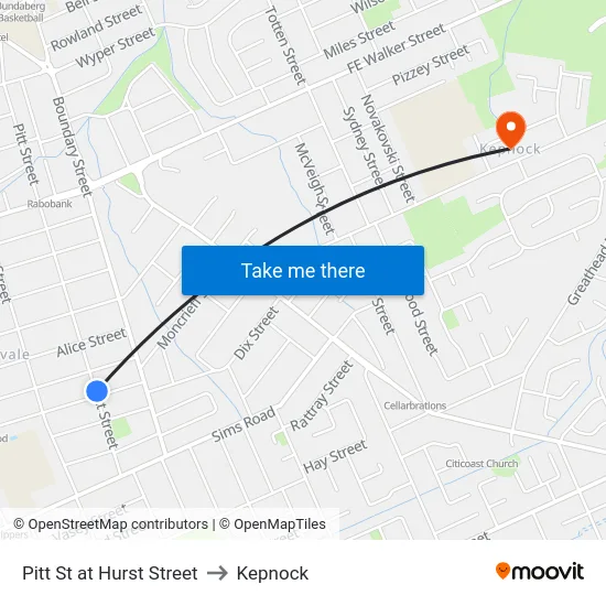 Pitt St at Hurst Street to Kepnock map