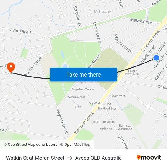 Watkin St at Moran Street to Avoca QLD Australia map