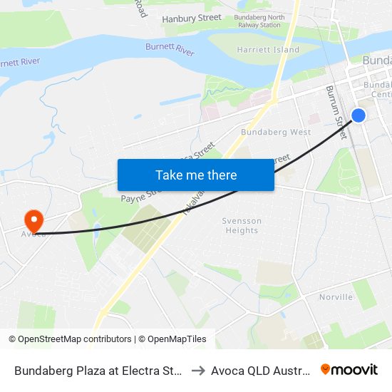 Bundaberg Plaza at Electra Street to Avoca QLD Australia map