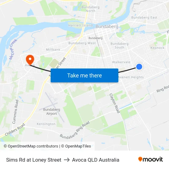 Sims Rd at Loney Street to Avoca QLD Australia map