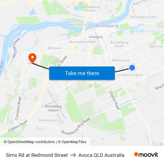 Sims Rd at Redmond Street to Avoca QLD Australia map