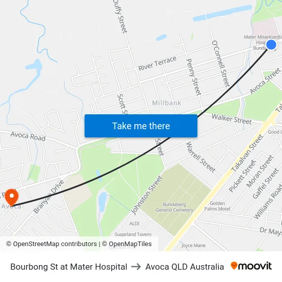 Bourbong St at Mater Hospital to Avoca QLD Australia map