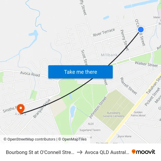Bourbong St at O'Connell Street to Avoca QLD Australia map