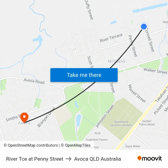 River Tce at Penny Street to Avoca QLD Australia map