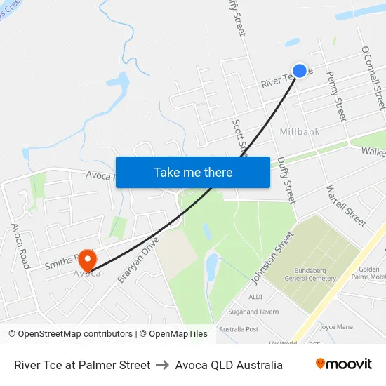River Tce at Palmer Street to Avoca QLD Australia map