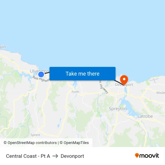 Central Coast - Pt A to Devonport map