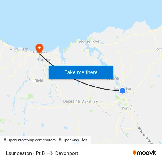 Launceston - Pt B to Devonport map