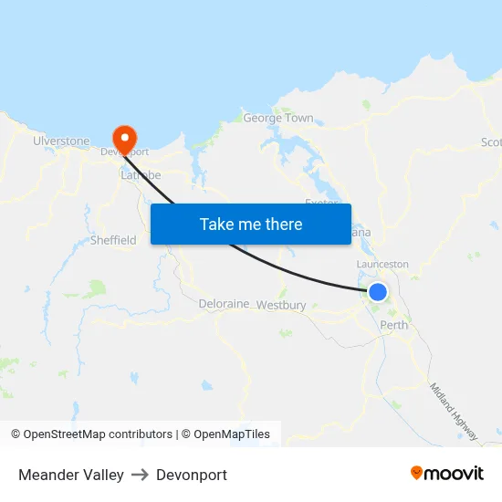 Meander Valley to Devonport map