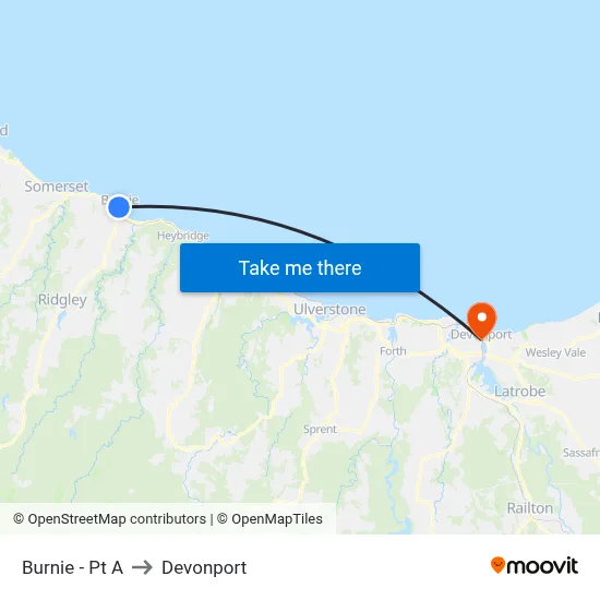 Burnie  - Pt A to Devonport map