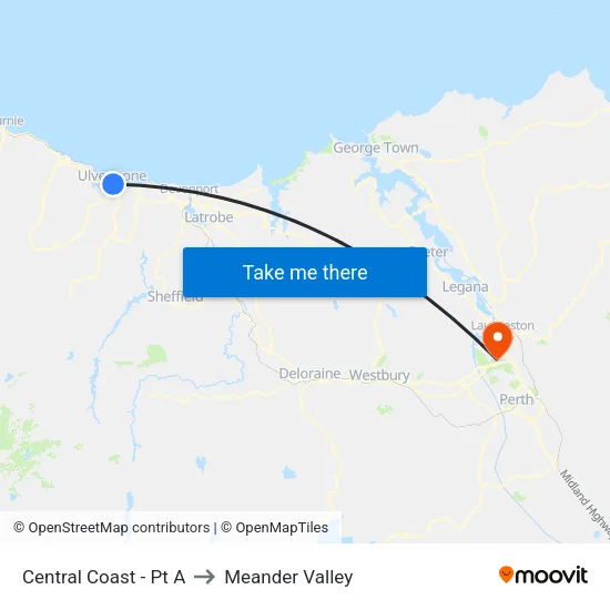 Central Coast - Pt A to Meander Valley map