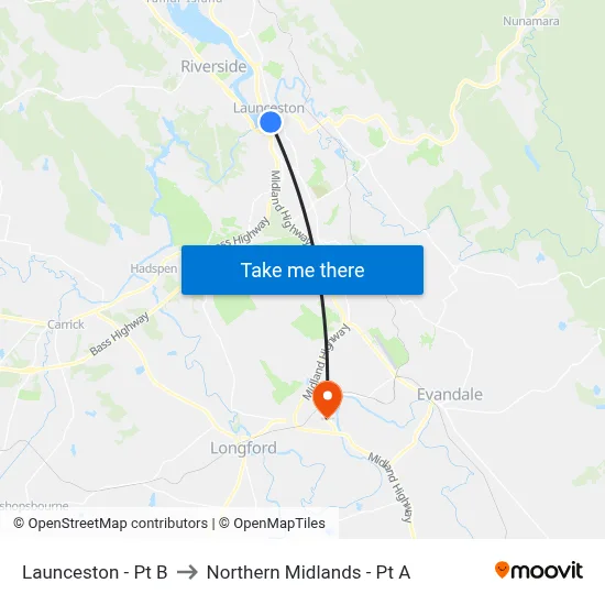 Launceston - Pt B to Northern Midlands - Pt A map
