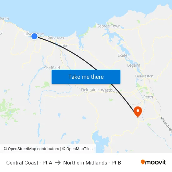 Central Coast - Pt A to Northern Midlands - Pt B map