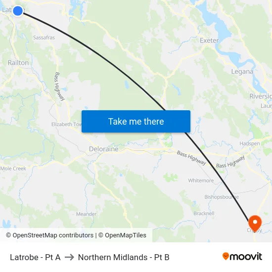 Latrobe - Pt A to Northern Midlands - Pt B map