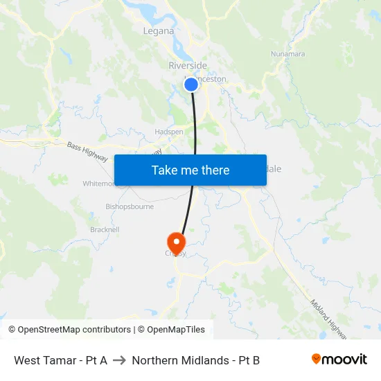 West Tamar - Pt A to Northern Midlands - Pt B map
