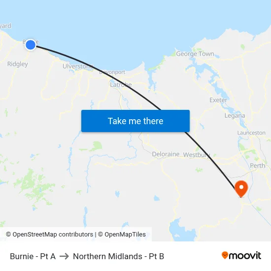 Burnie  - Pt A to Northern Midlands - Pt B map