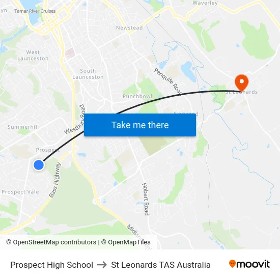 Prospect High School to St Leonards TAS Australia map
