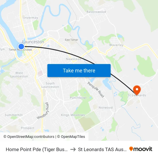 Home Point Pde (Tiger Bus Stop) to St Leonards TAS Australia map