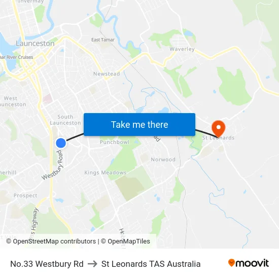 No.33 Westbury Rd to St Leonards TAS Australia map
