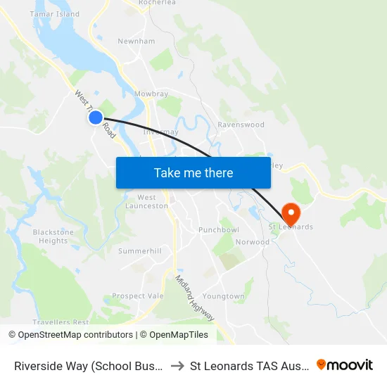 Riverside Way (School Bus Stop) to St Leonards TAS Australia map